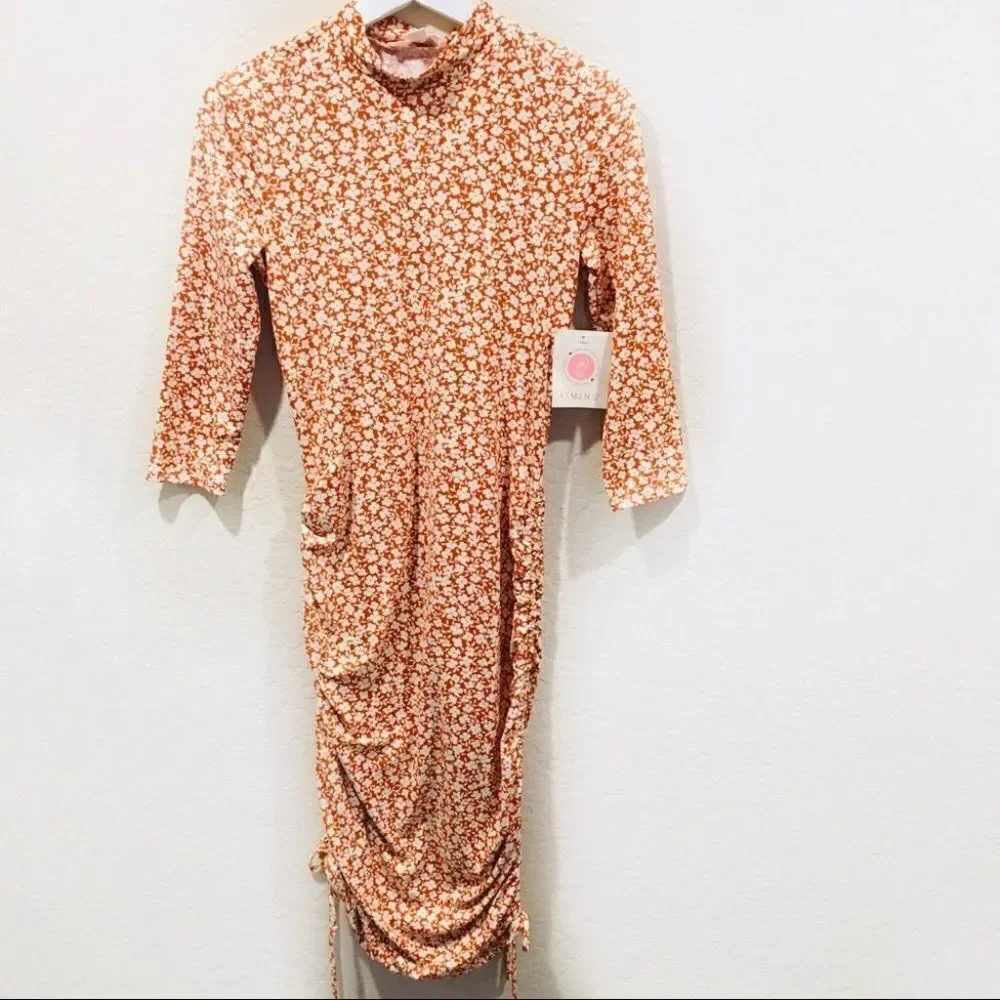 Flower Power Red Orange Floral Midi Rouched Dress - Picture 2 of 8